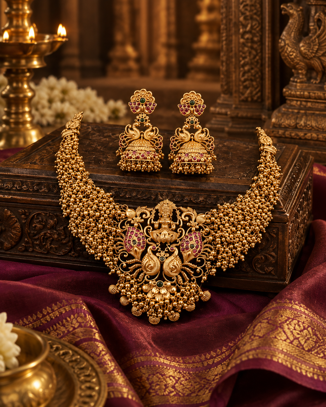 Lakshmi Devi Bridal Gold Plated Necklace and Jhumka Set