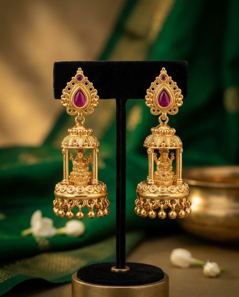 Gold Plated Pink Stone Temple Jhumka Earrings