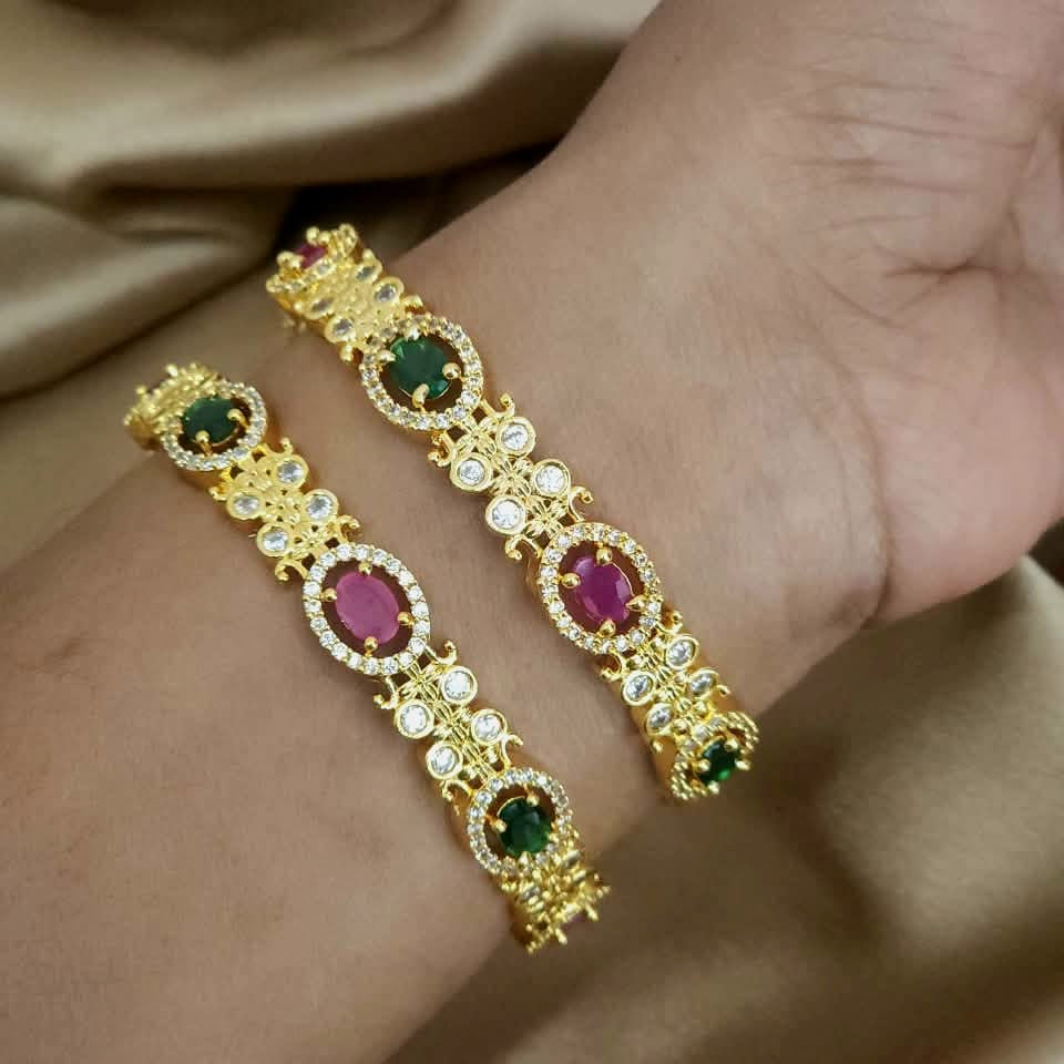 Pink Green Stone Oval Bangle Set