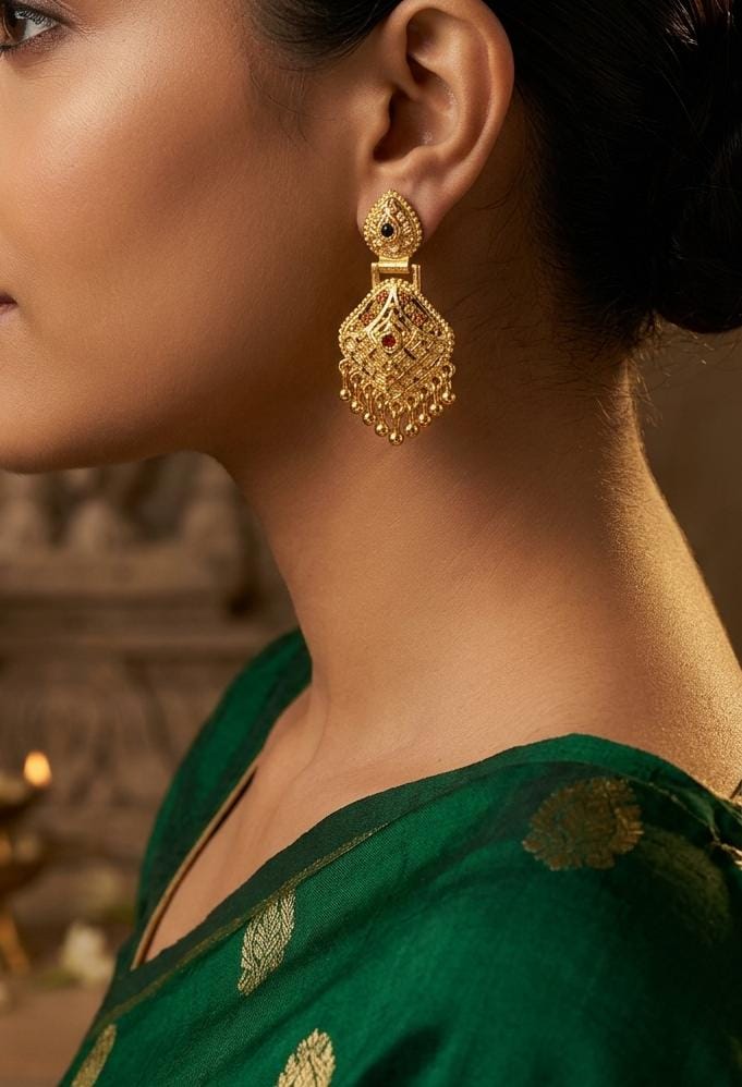 Gold Plated Black Stone Traditional Drop Earrings