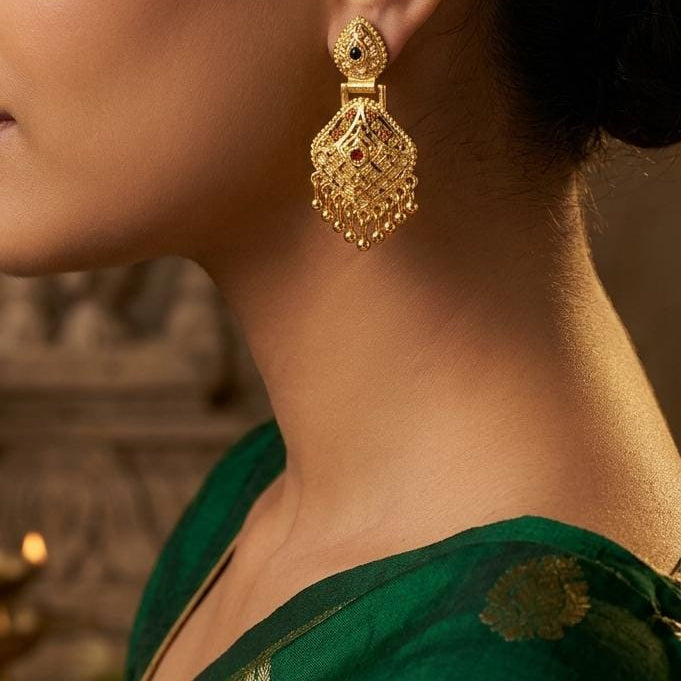 Gold Plated Black Stone Traditional Drop Earrings