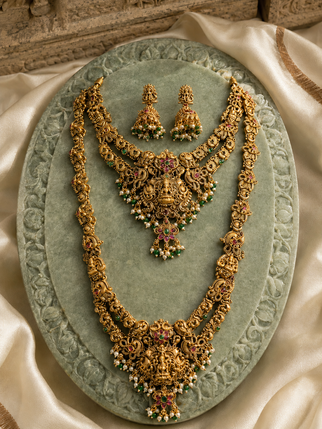 Lakshmi Devi Peacock Layered Gold Plated Haram Set