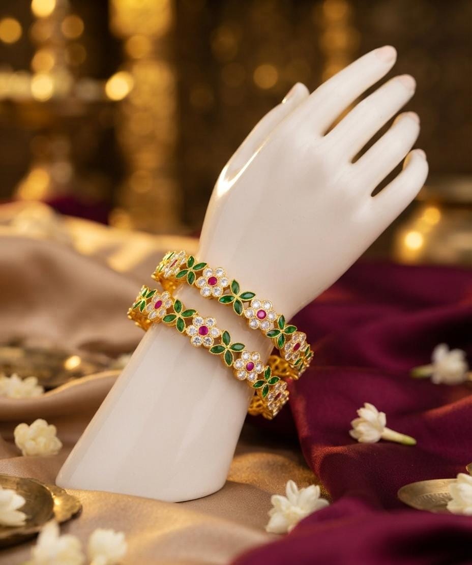 Green Pink Floral Double Row Bangle