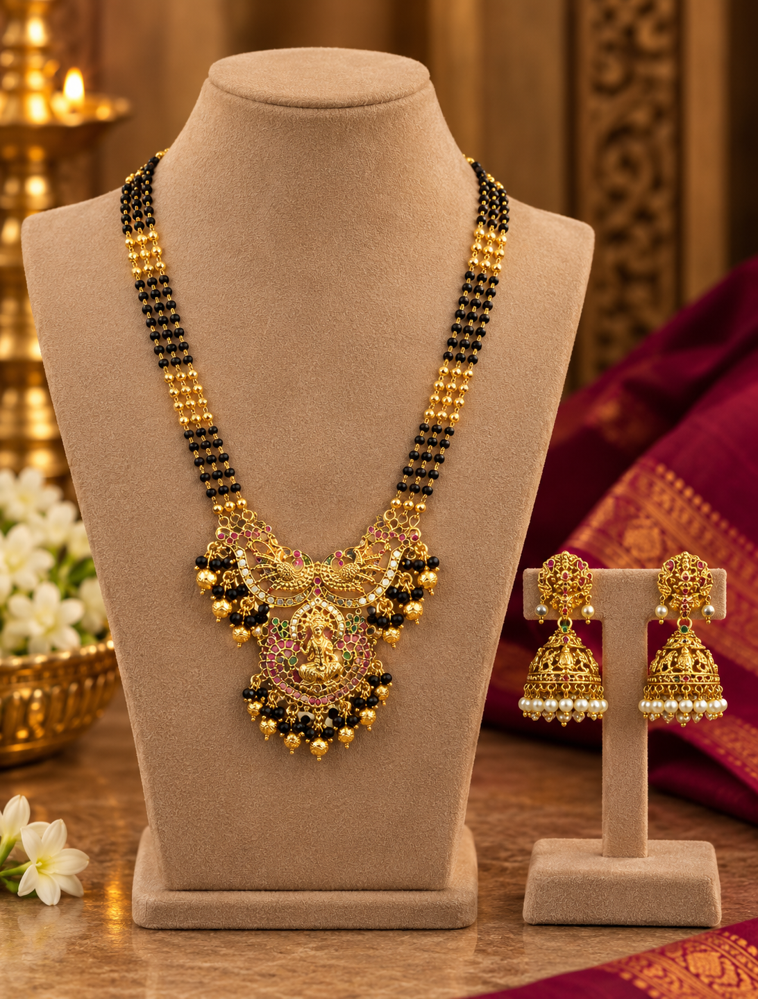 Multicolour Peacock Motif Black Bead Mangalsutra