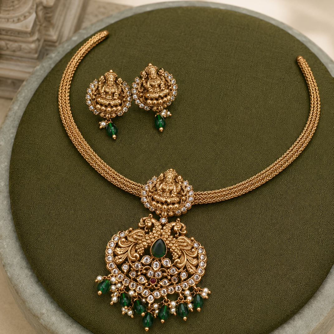 Lakshmi Devi Matte Gold Plated Necklace Set