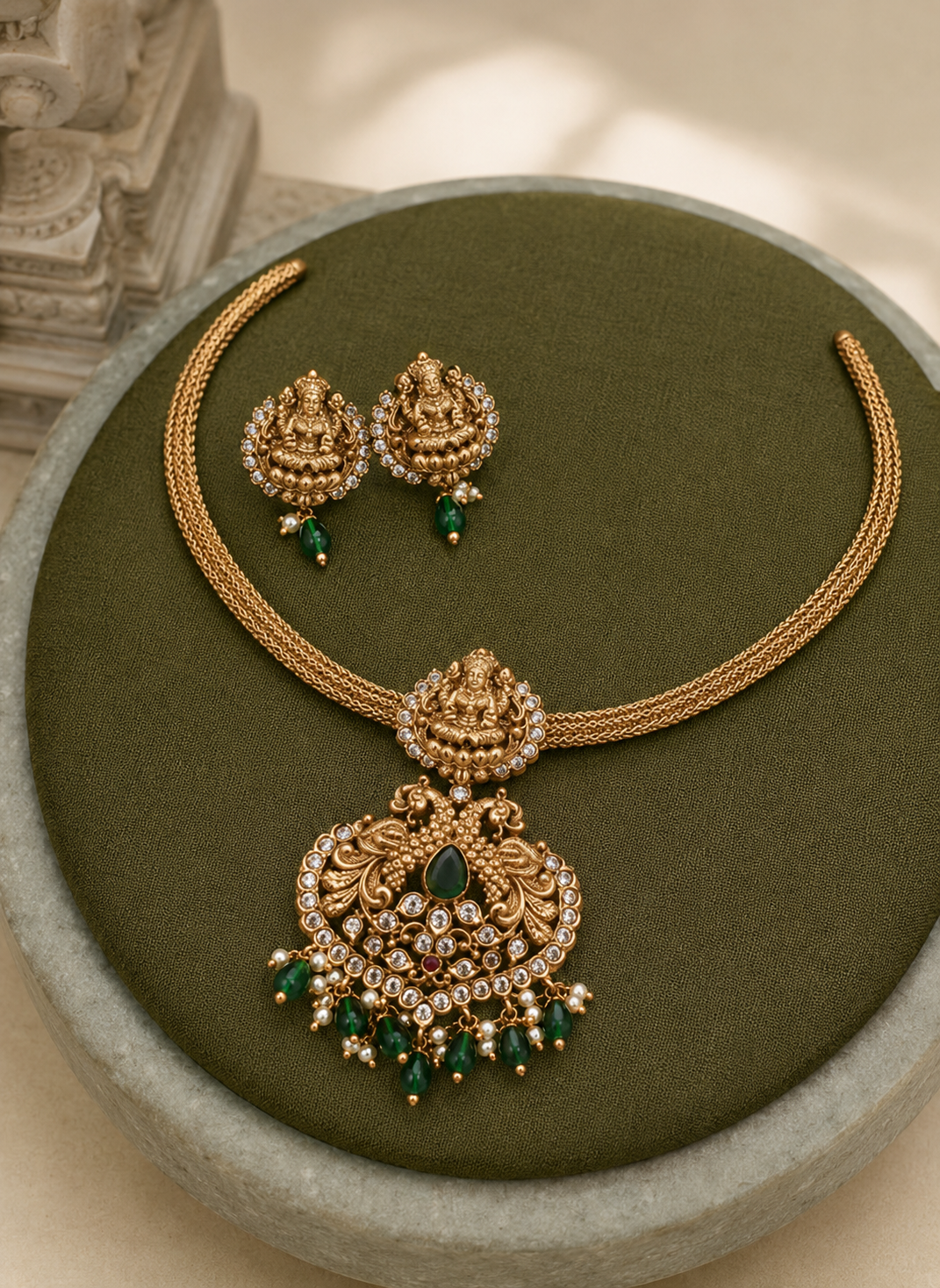Lakshmi Devi Matte Gold Plated Necklace Set