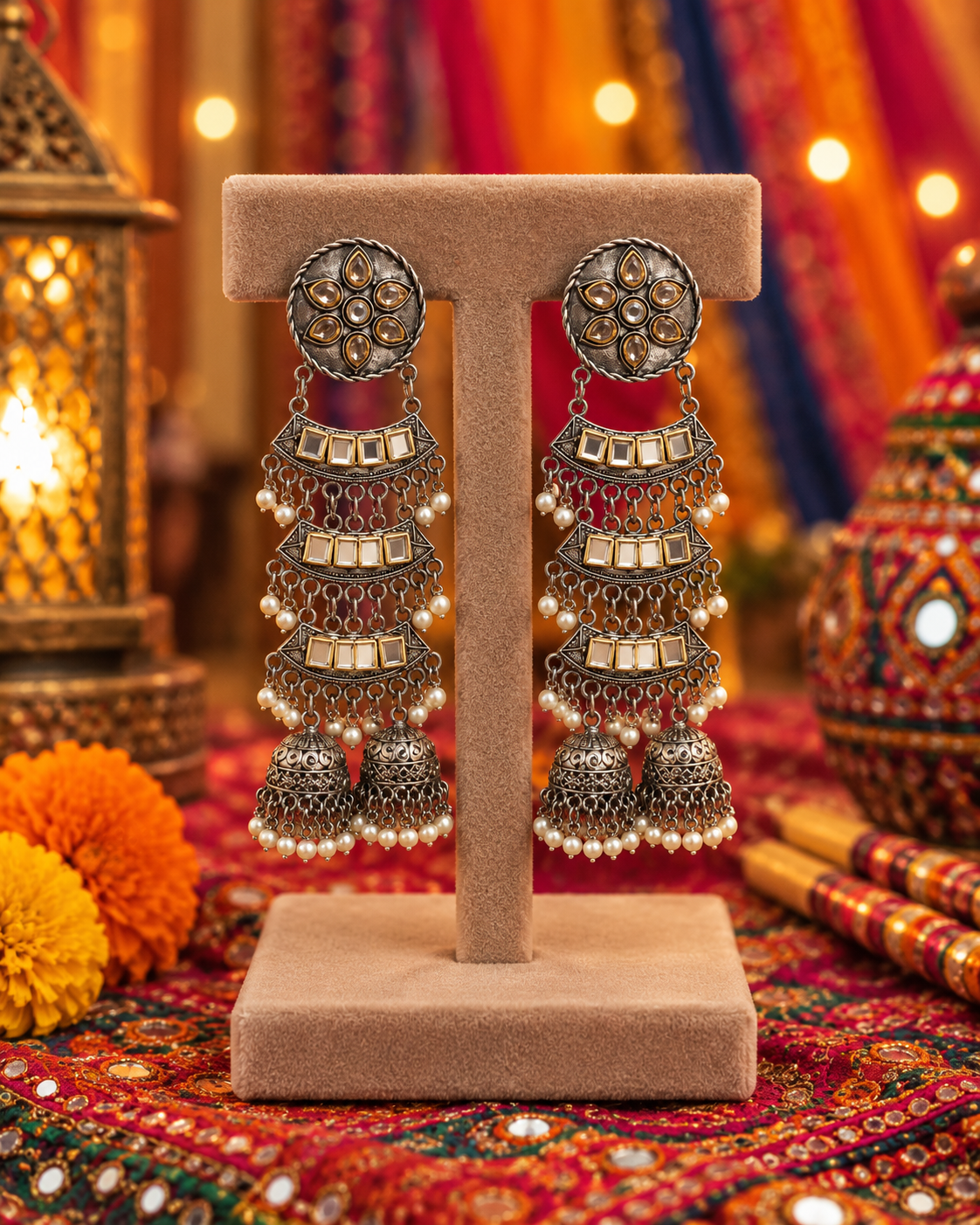 Oxidised Layered Jhumka Earrings