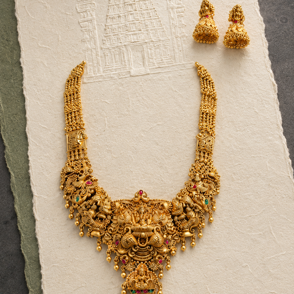 Peacock Lakshmi Devi Long Gold Plated Haram Set