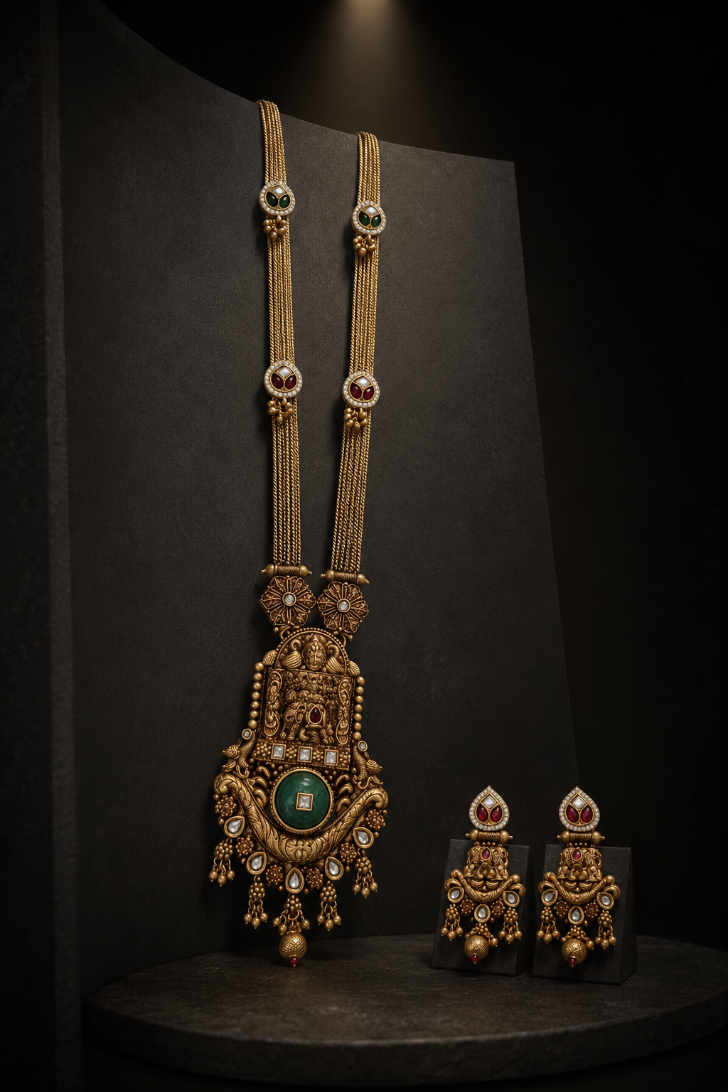 Green Stone Gold Tone Pendant Long Necklace Set
