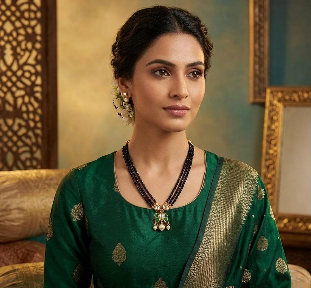 Gold Finish Black Bead Green White Stone Mangalsutra