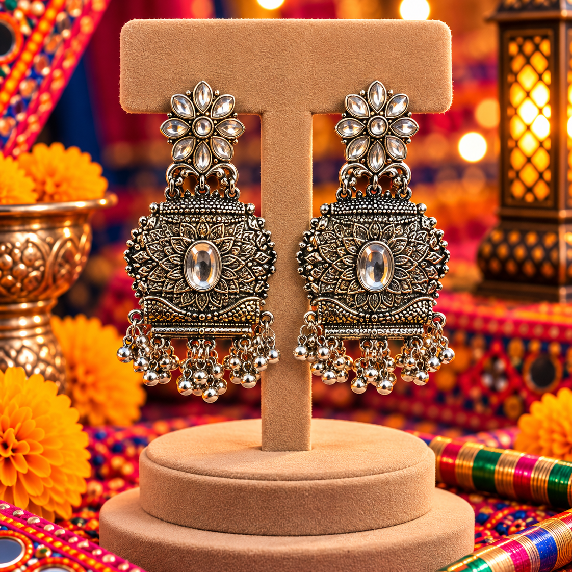 Oxidised Floral Oval Earrings