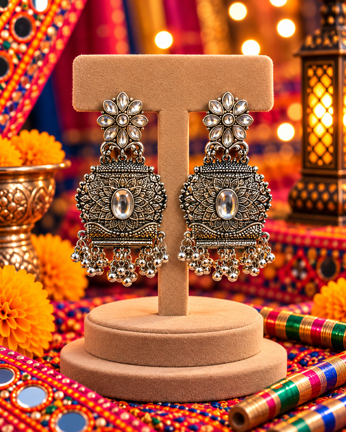 Oxidised Floral Oval Earrings
