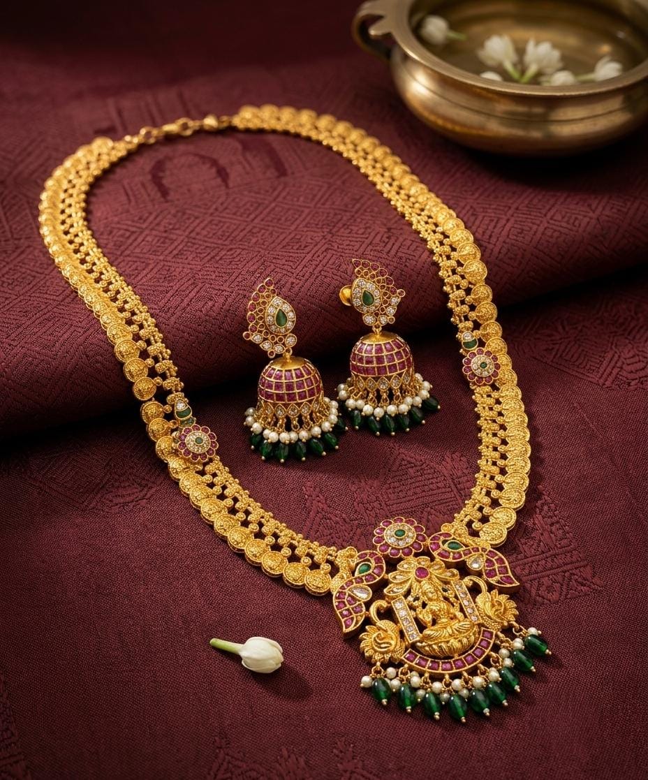 Long Gold Plated Temple Necklace with Goddess Pendant & Jhumkas