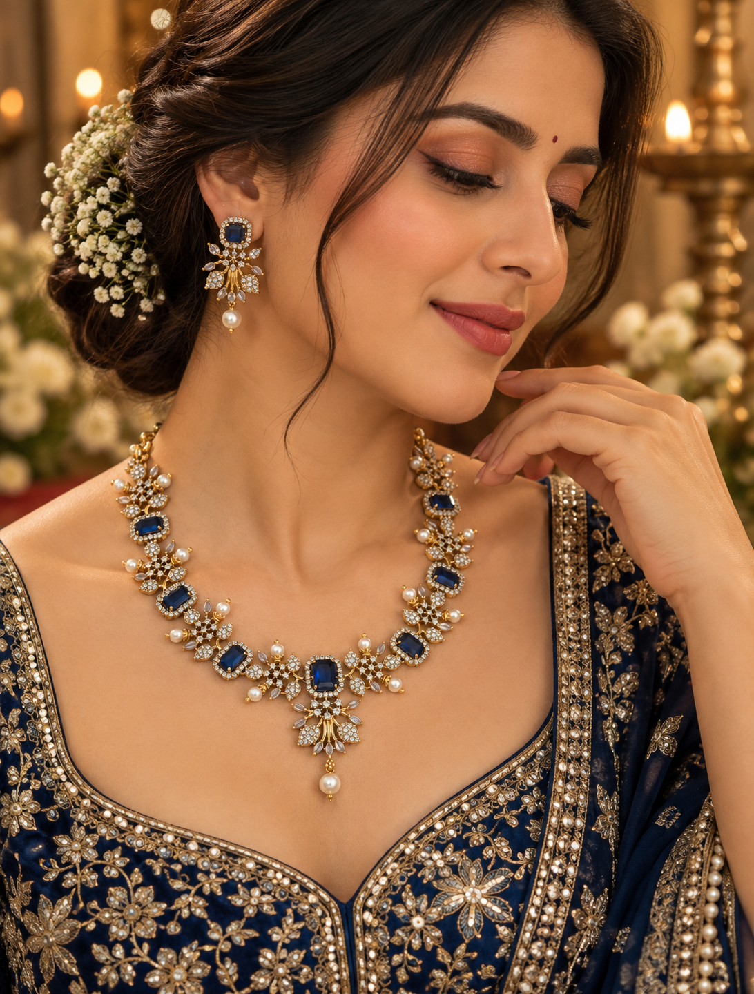 Blue Stone Floral Necklace Set with Pearl Drops