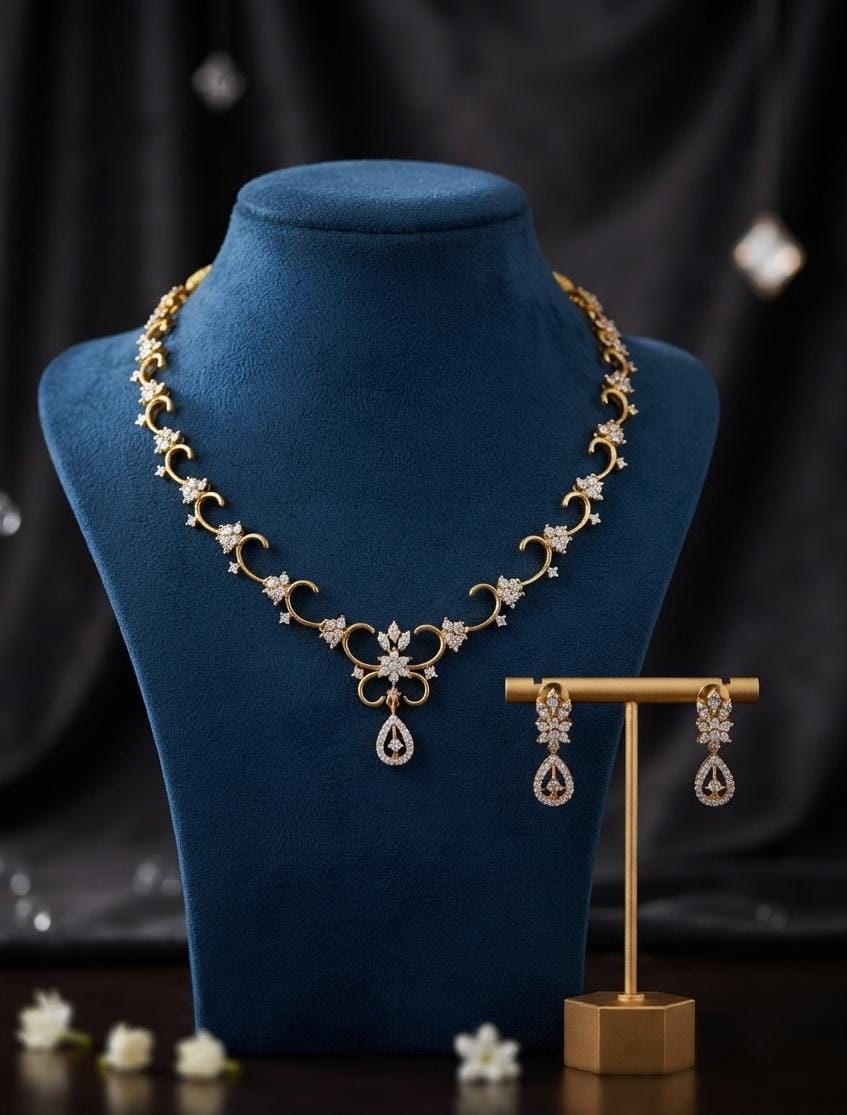 Crescent Floral Crystal Necklace and Drop Earrings