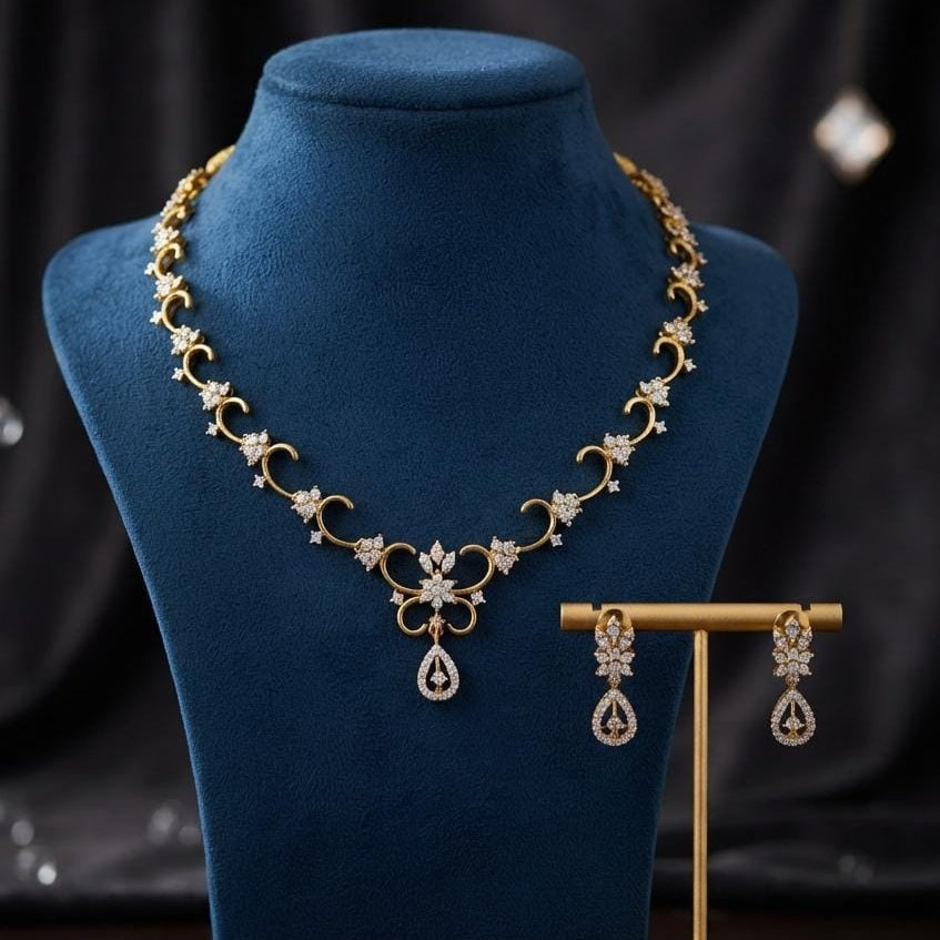 Crescent Floral Crystal Necklace and Drop Earrings
