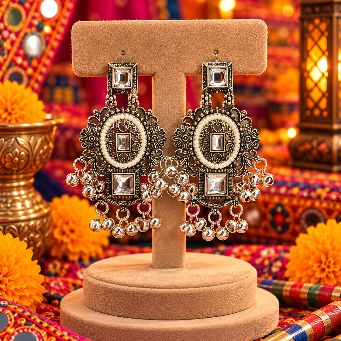 Oxidised Square Motif Jhumka Earrings
