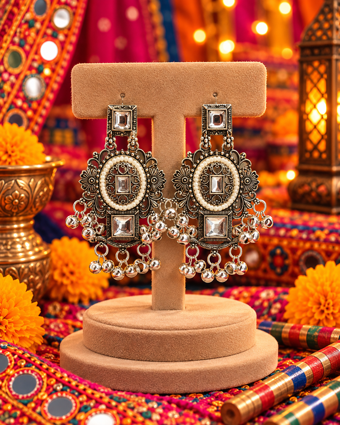 Oxidised Square Motif Jhumka Earrings