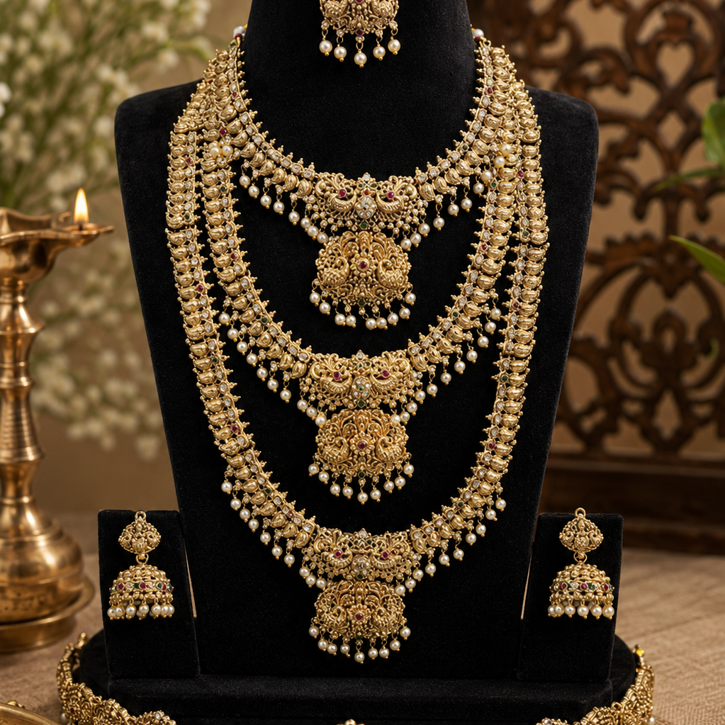 Pearl Beaded Layered Semi-Bridal Gold Plated Jewellery Set