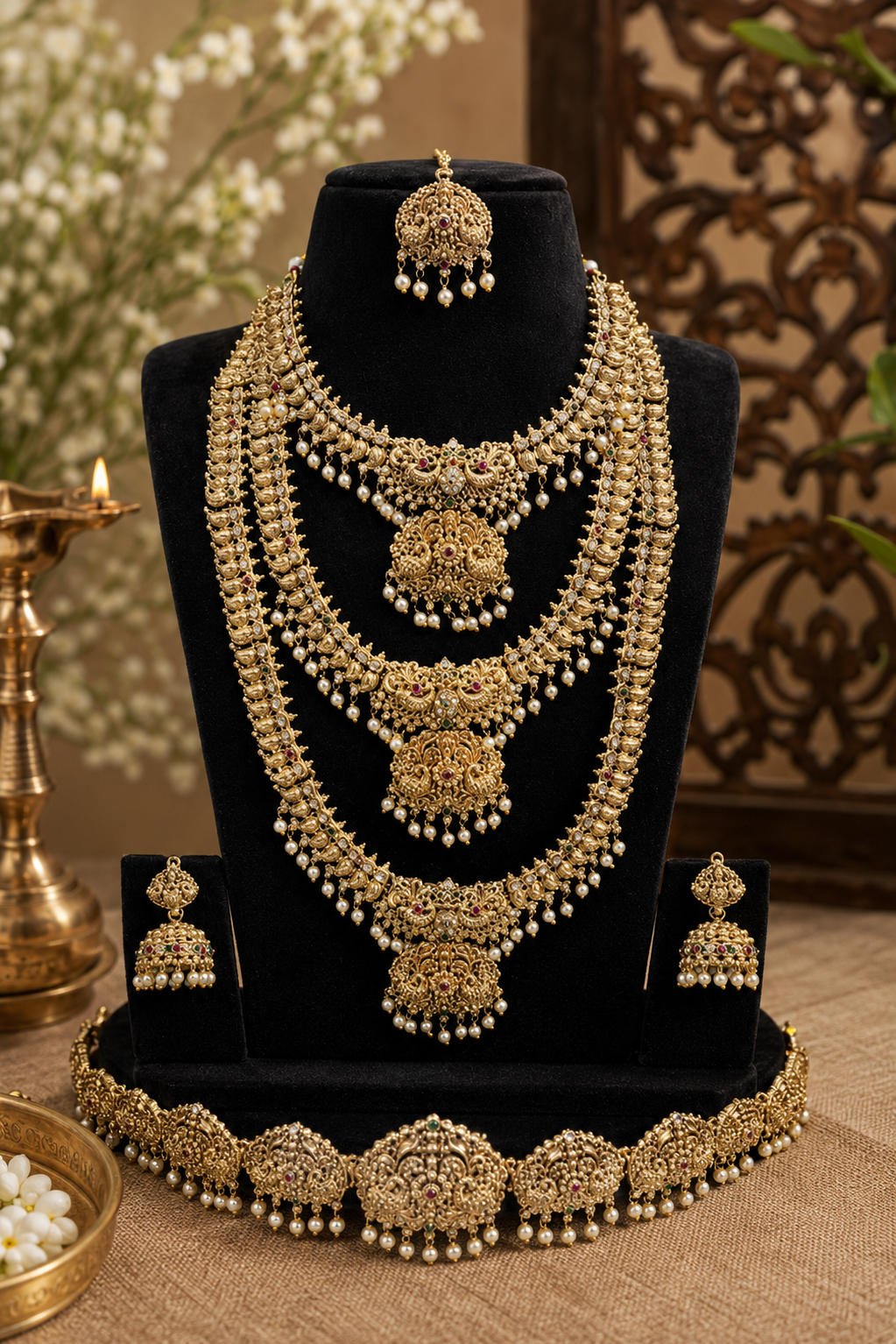Pearl Beaded Layered Semi-Bridal Gold Plated Jewellery Set