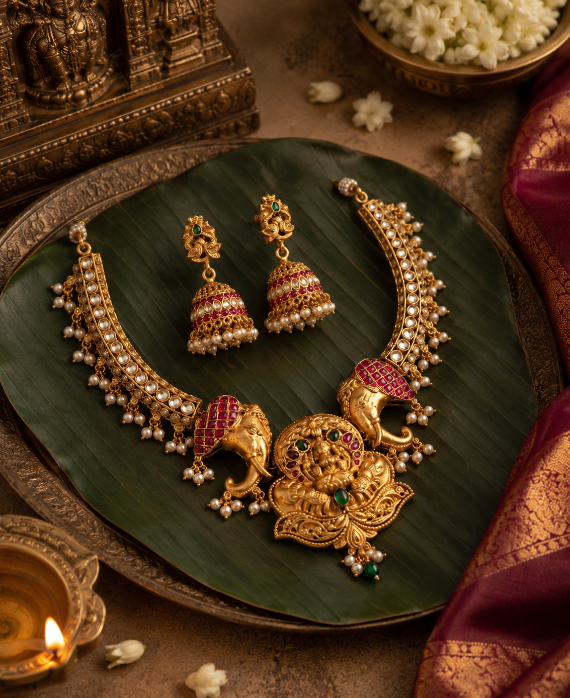 Elephant Lakshmi Devi Gold Plated Necklace Set