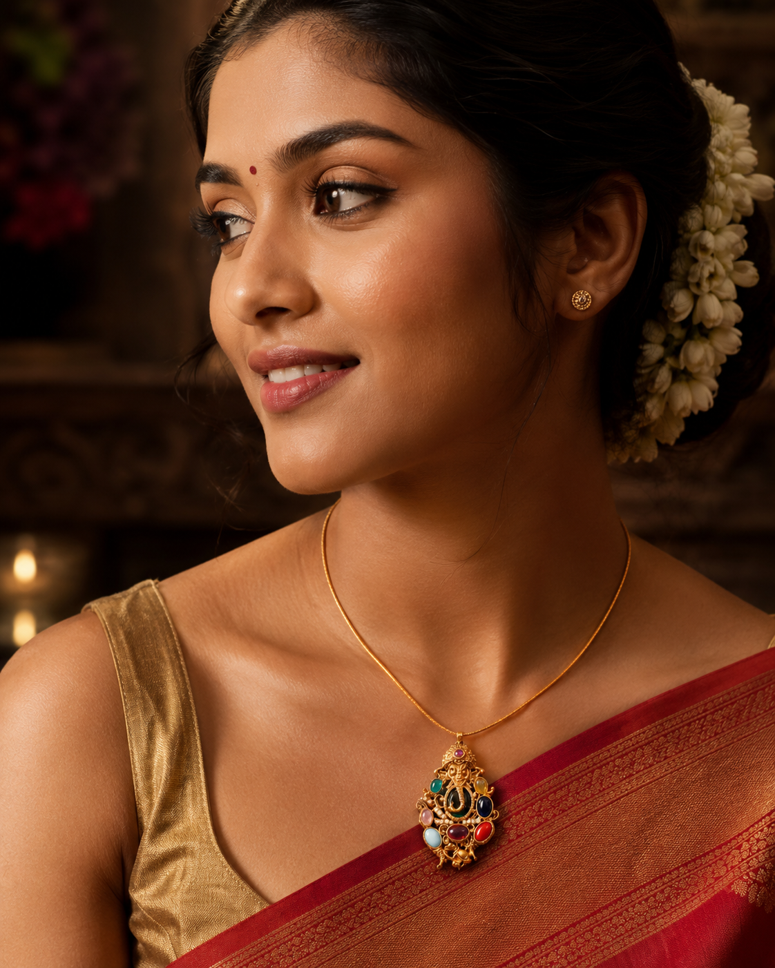 Multicolour Temple Gold Plated Pendant Necklace