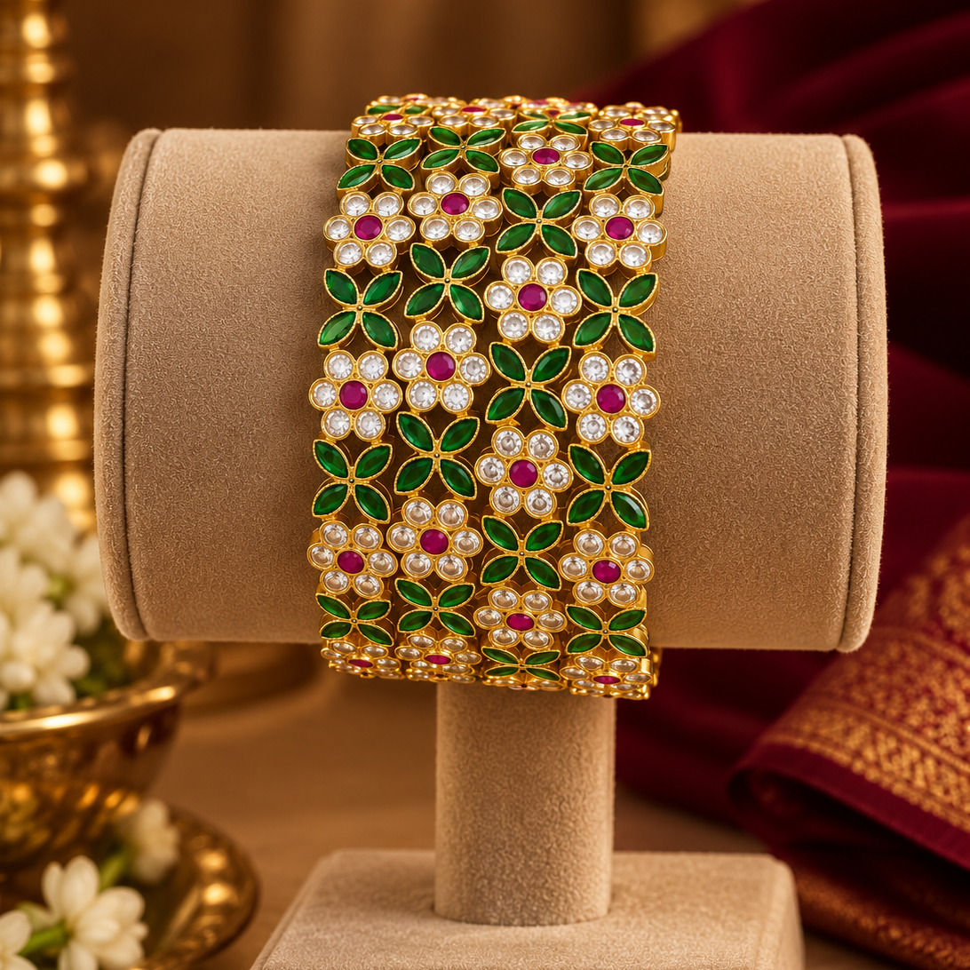 Green Pink Floral Stone Bangle