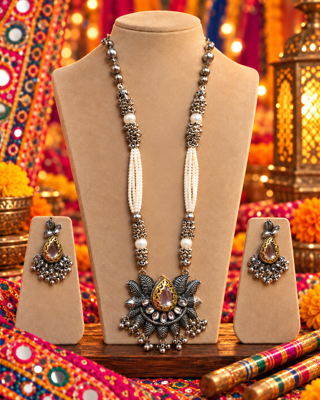 Oxidised Teardrop Floral Necklace Set