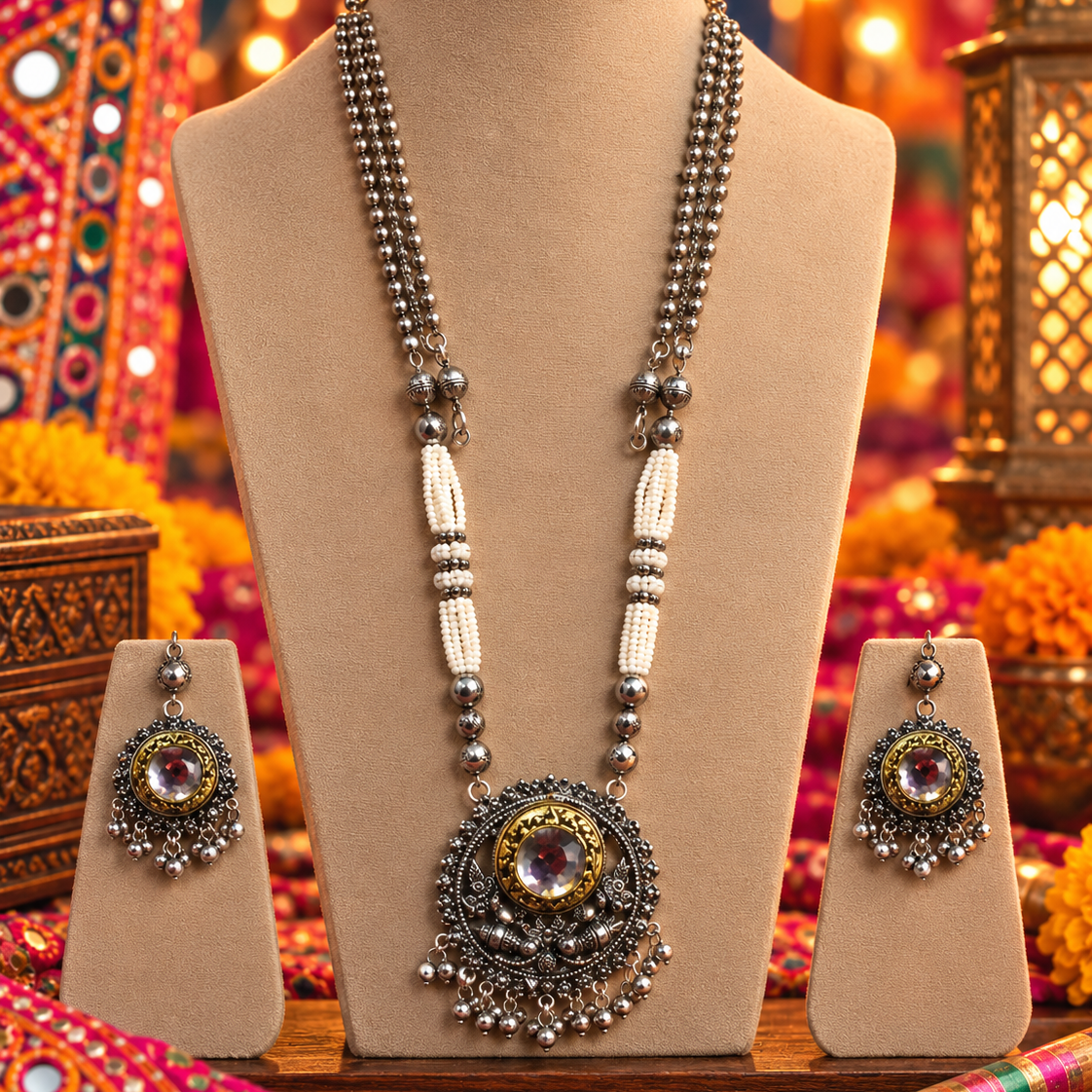 Oxidised White Bead Necklace Set