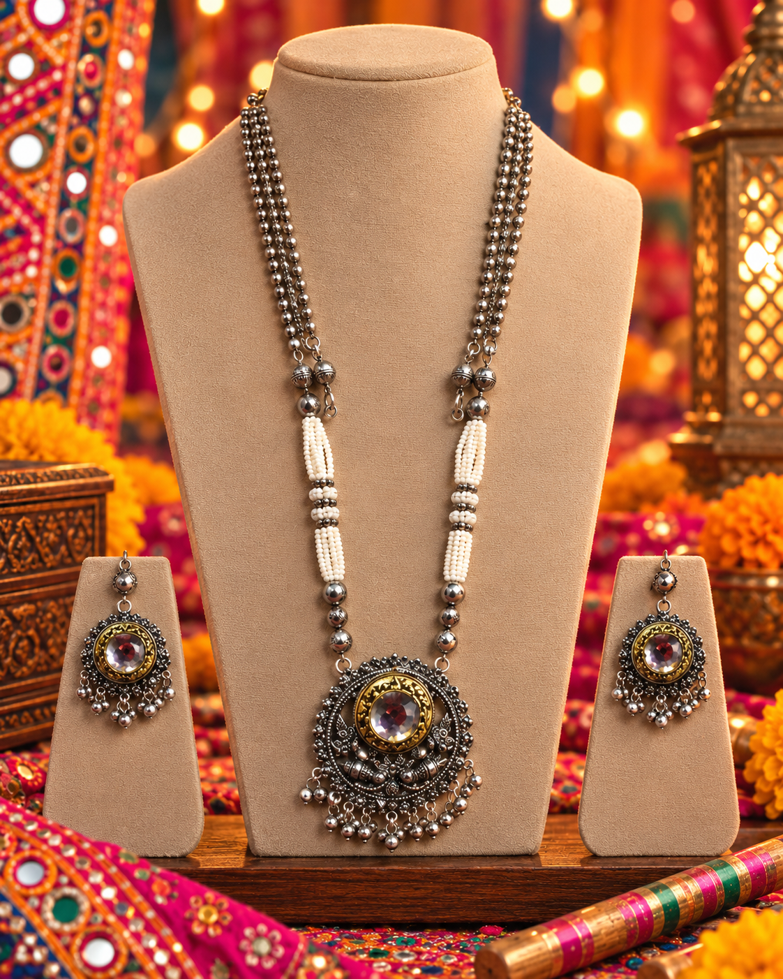 Oxidised White Bead Necklace Set