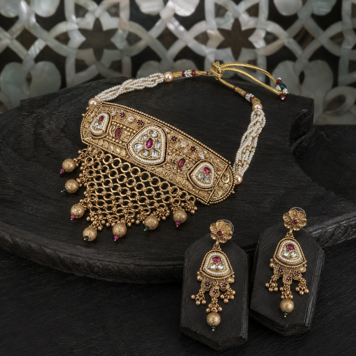 Kundan Gold Plated Choker Necklace Set with Earrings