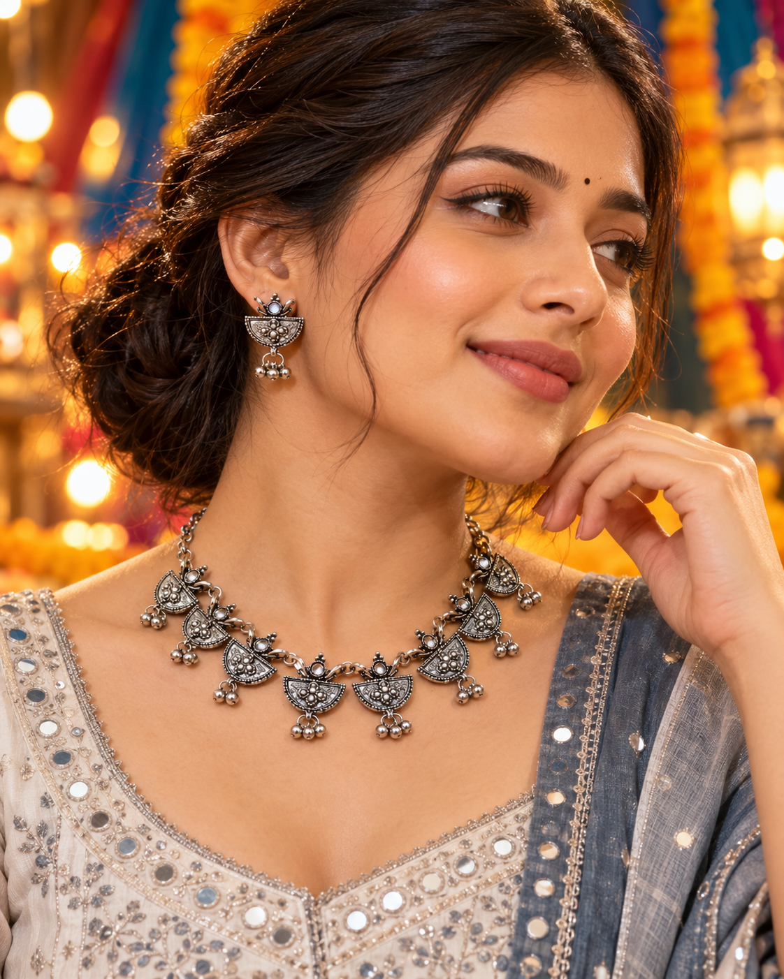 Classic Silver Motif Necklace Set
