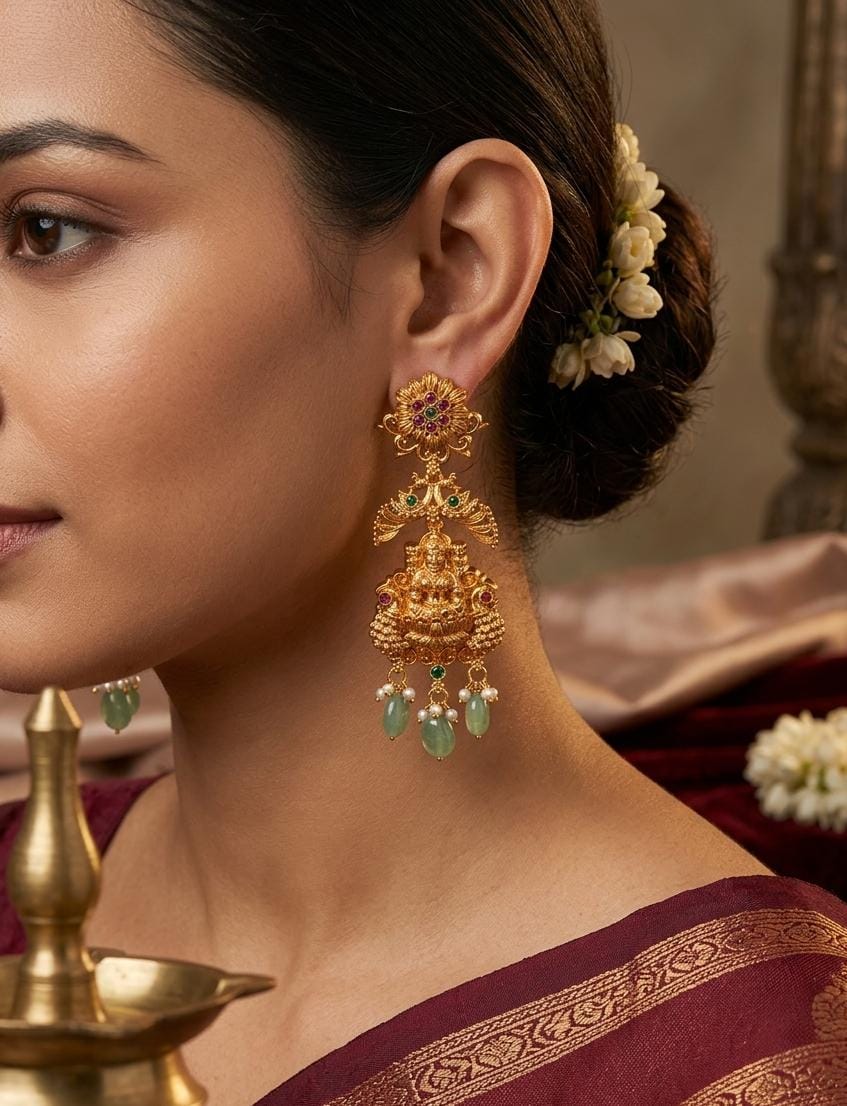 Lakshmi Temple Jhumka Earrings with Green Bead Drops