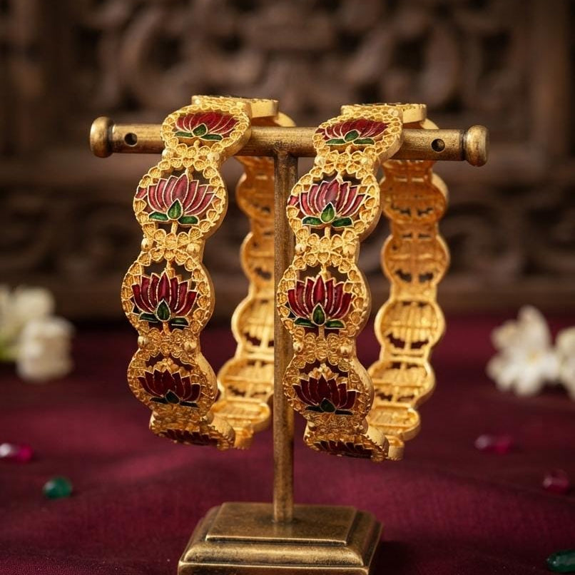 Lotus Motif Gold Finish Bangle Pair