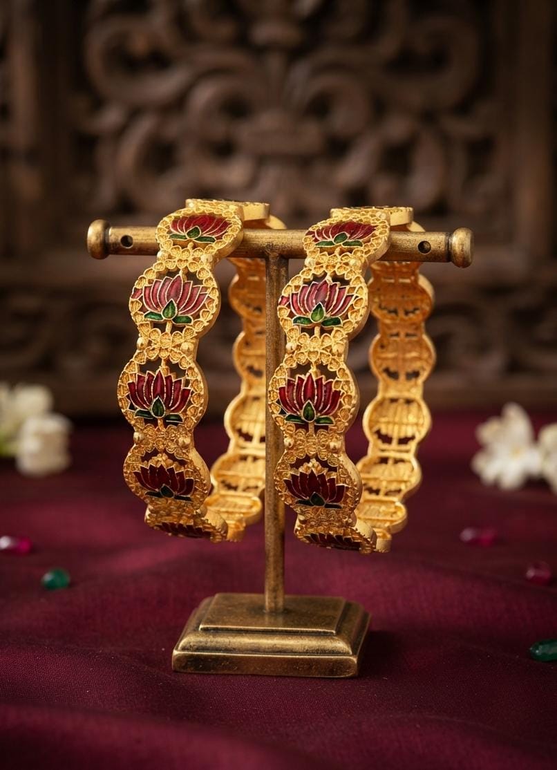 Lotus Motif Gold Finish Bangle Pair