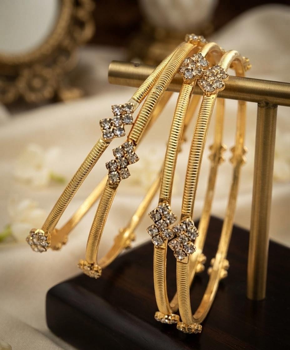 Gold Finish Crystal Floral Bangle Set