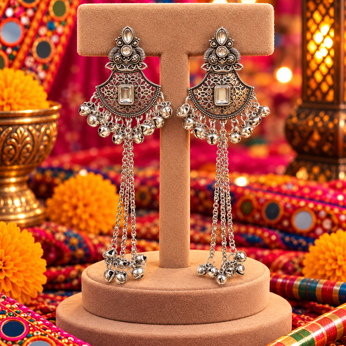 Oxidised Long Chain Drop Earrings