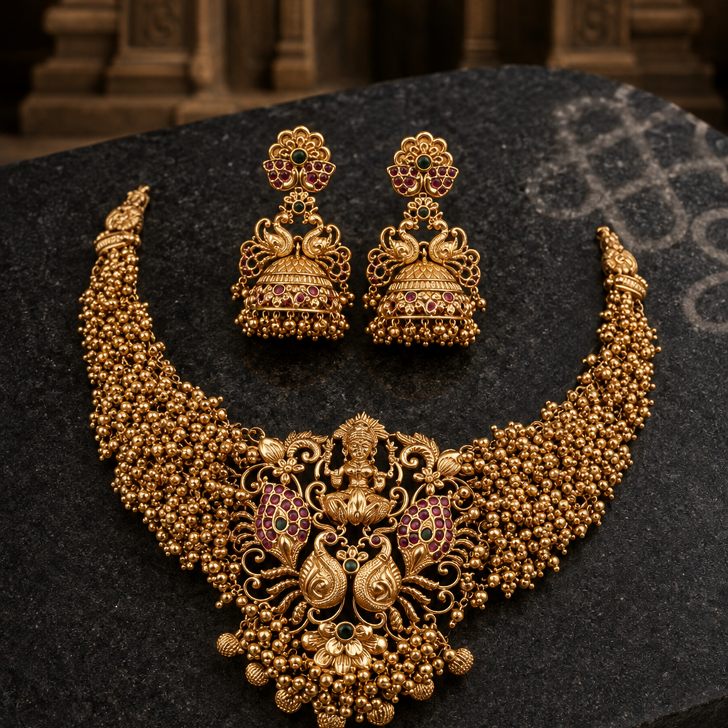 Lakshmi Devi Bridal Gold Plated Necklace and Jhumka Set