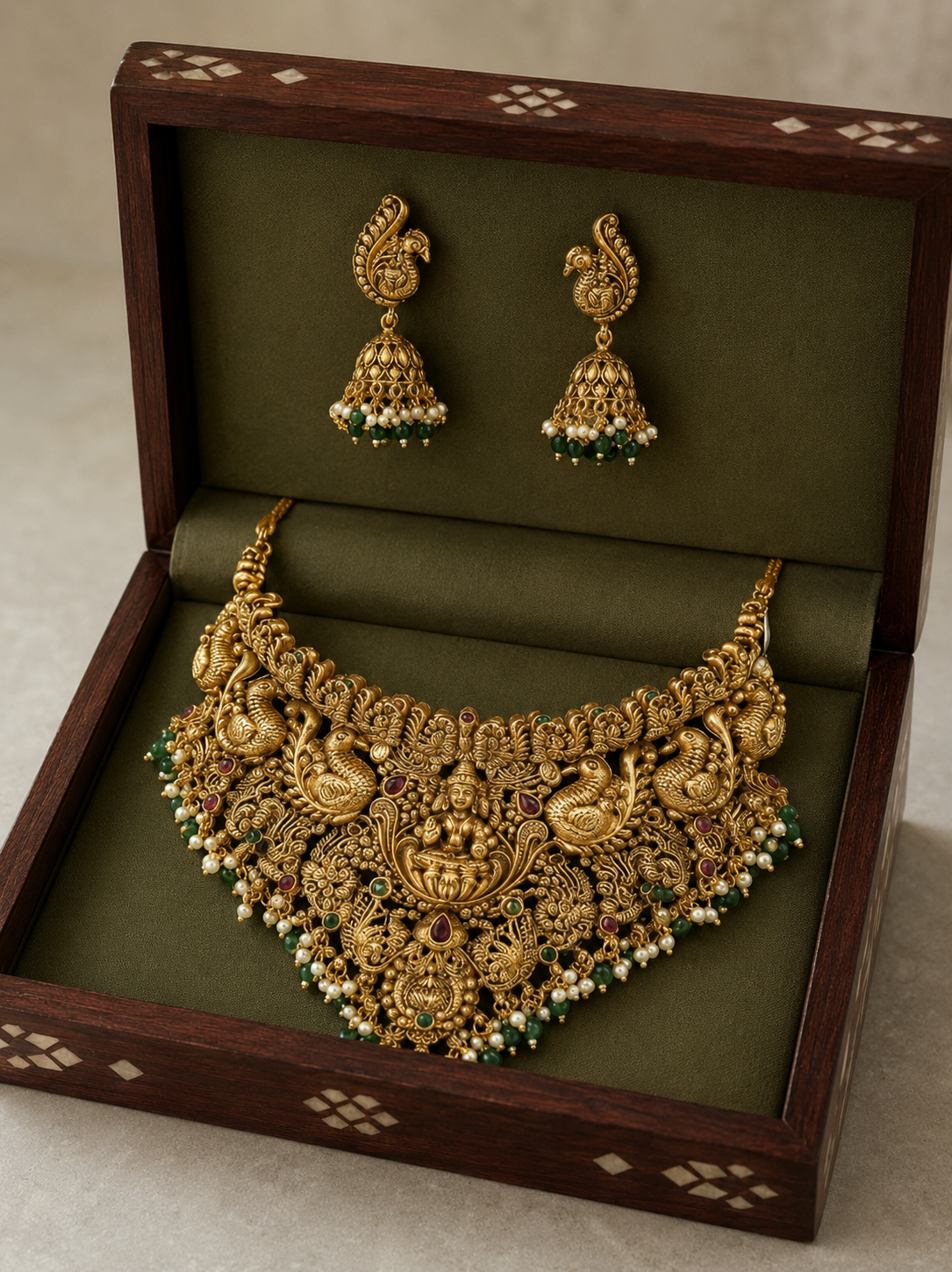 Peacock Lakshmi Devi Gold Plated Choker Necklace Set