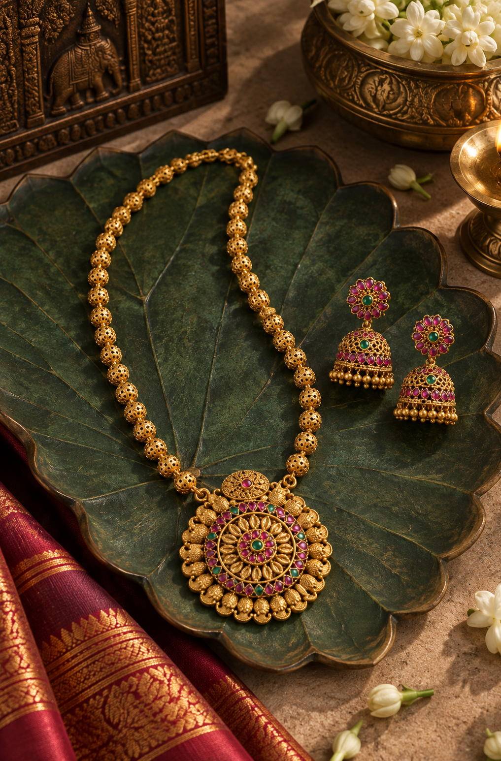 Chakra Gold Tone Pendant Long Necklace Set