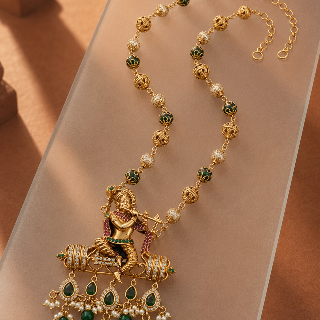 Krishna Gold Plated Temple Pendant 24-Inch Necklace