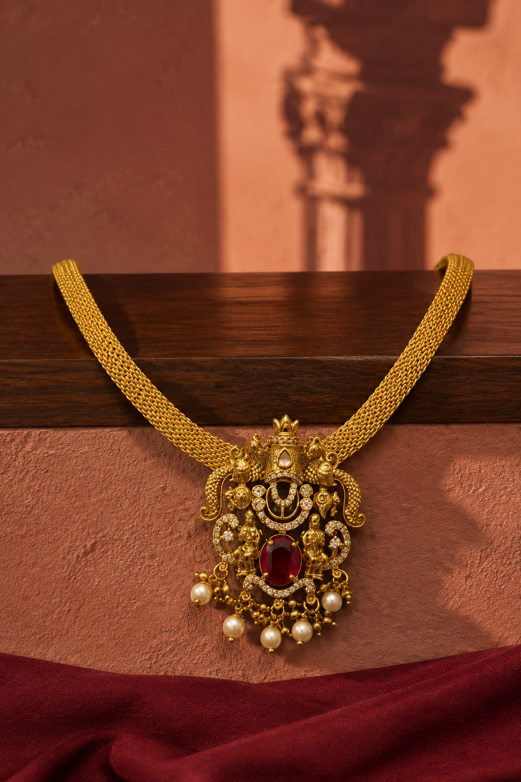 Lakshmi Devi Gold Plated Pendant Mesh Chain Necklace