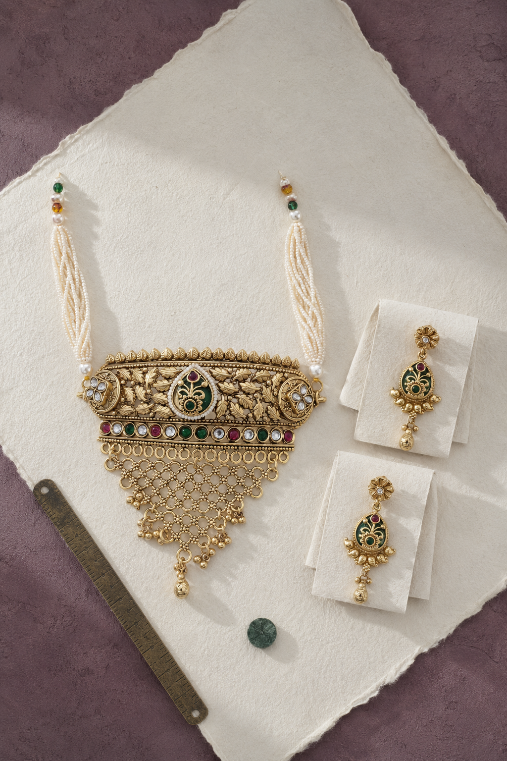 Rajwadi Meenakari Leafwork Pearl Choker Set