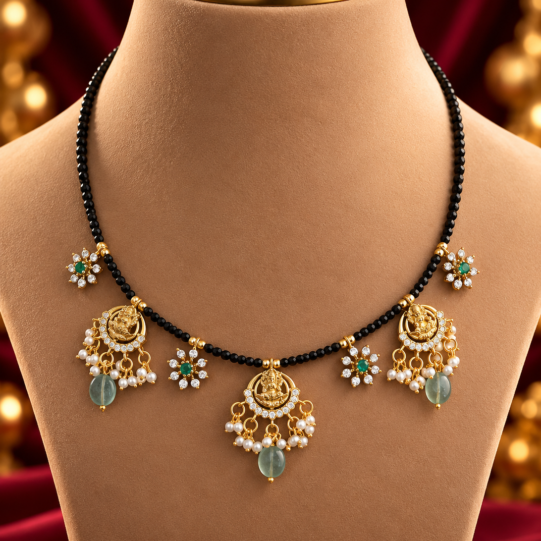 Lakshmi Motif Black Bead Mangalsutra