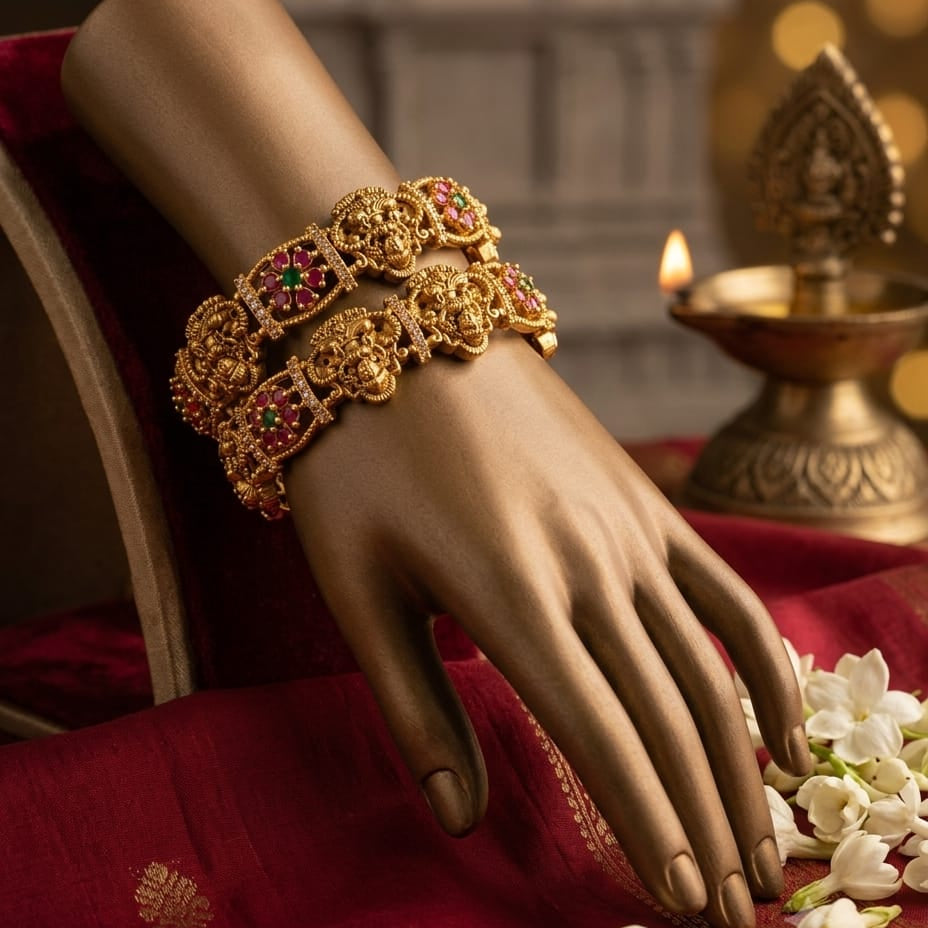 Gold Finish Pink Green Stone Traditional Bangle