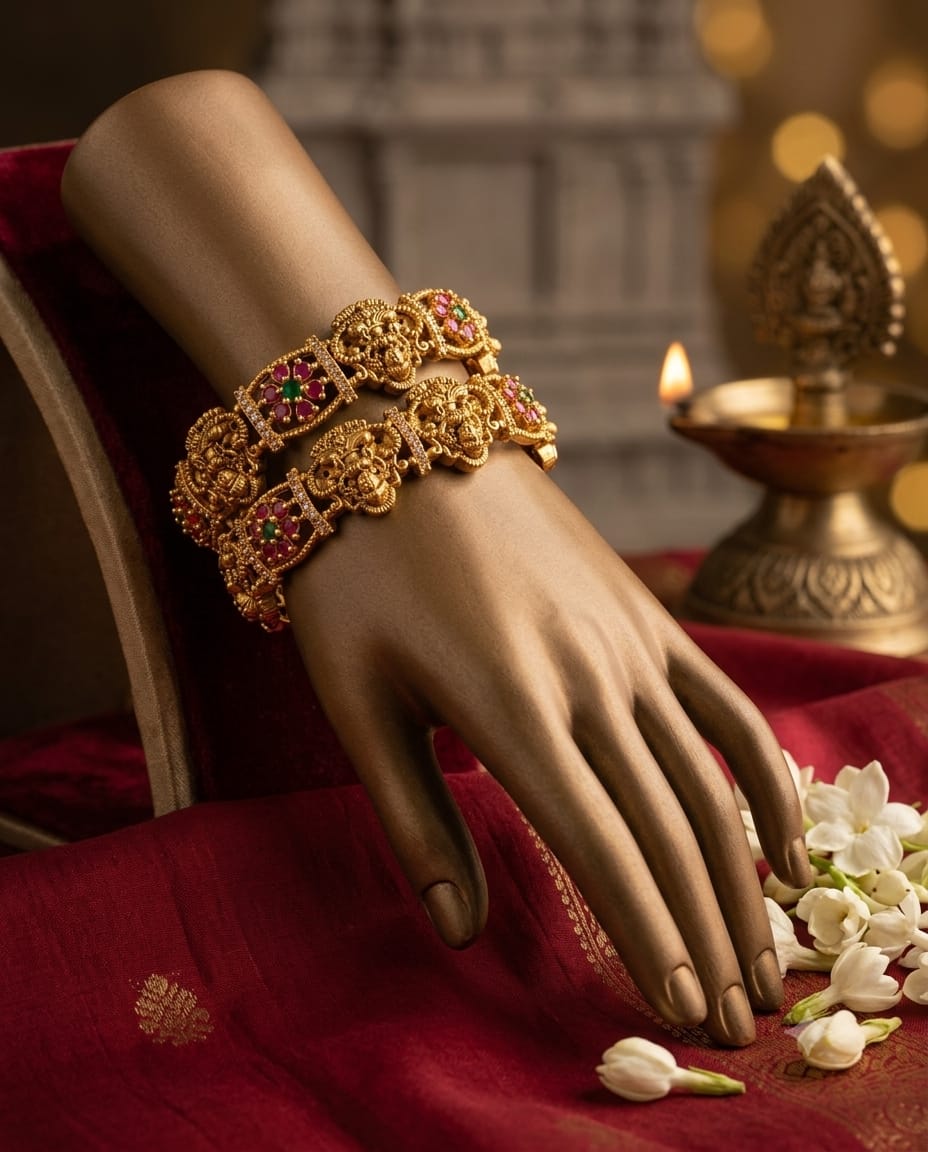Gold Finish Pink Green Stone Traditional Bangle