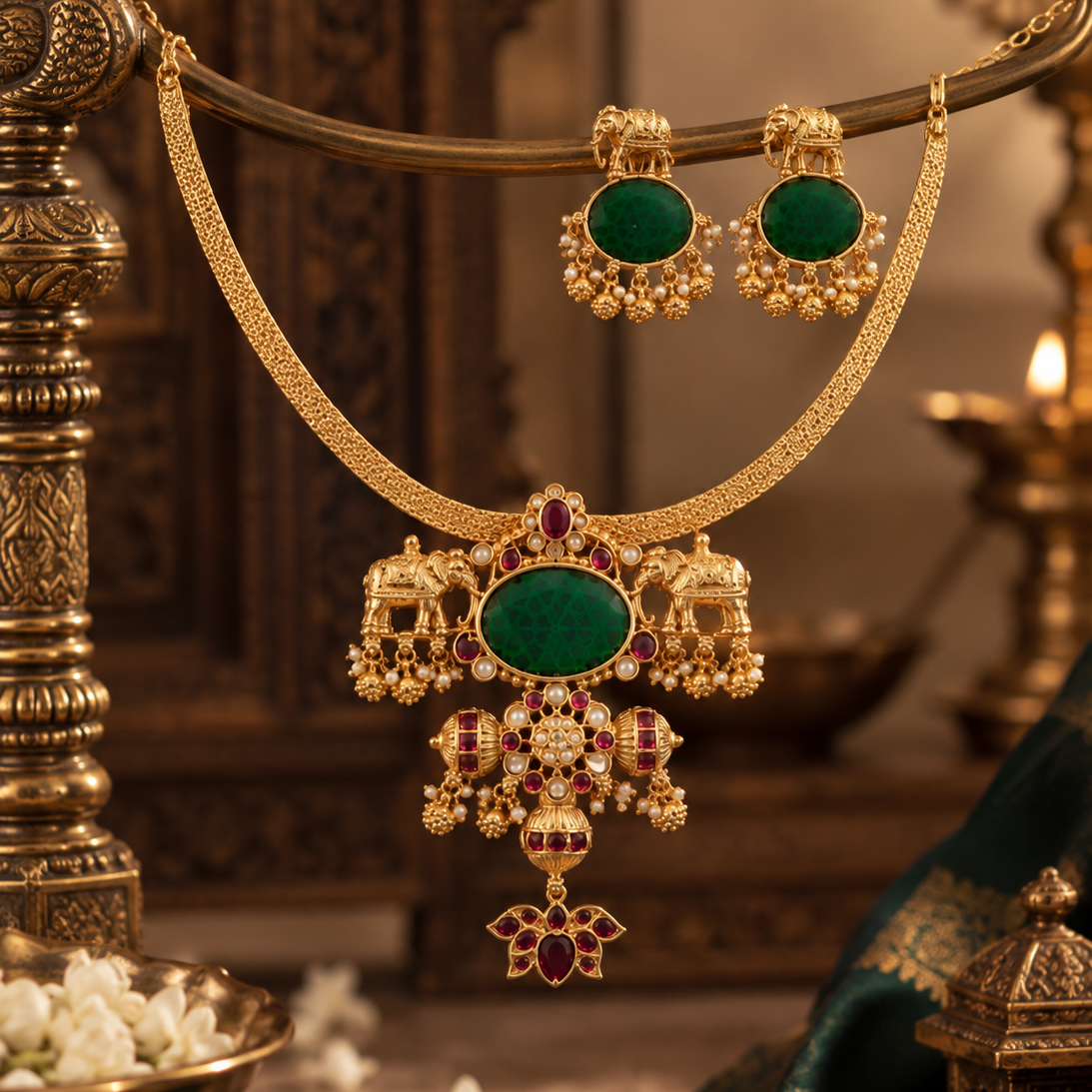 Green Stone Gaja Gold Plated Necklace Set