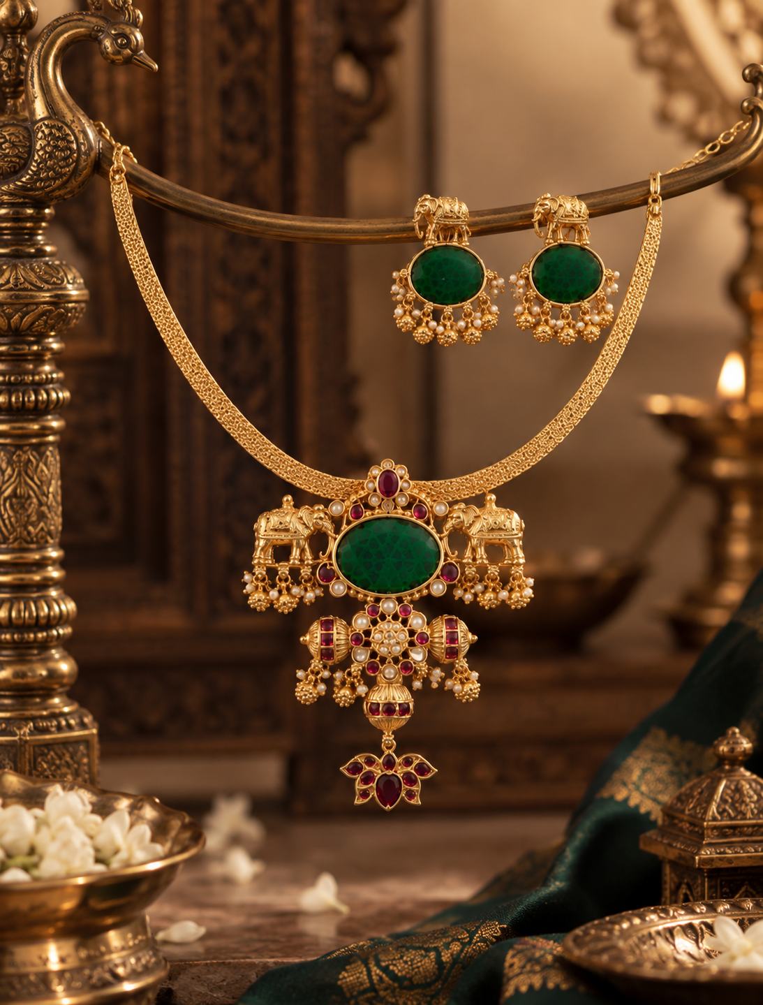 Green Stone Gaja Gold Plated Necklace Set