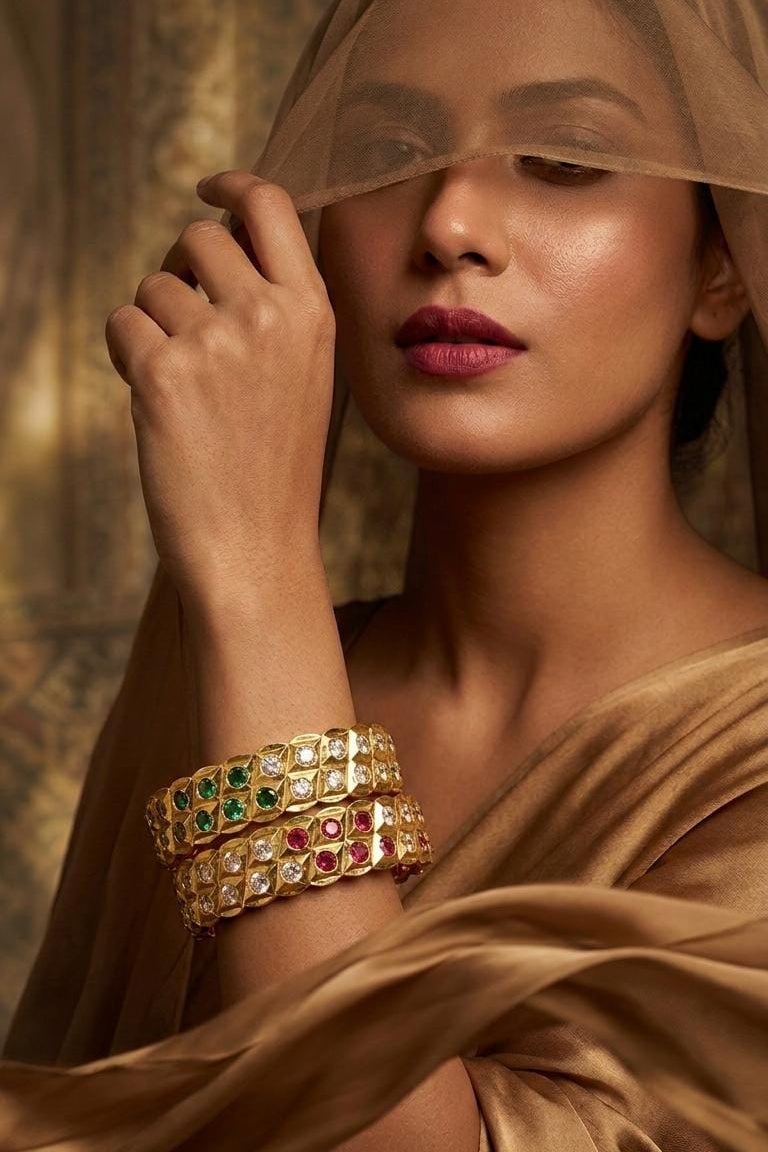 Gold Plated Green Pink White Stone Bangle