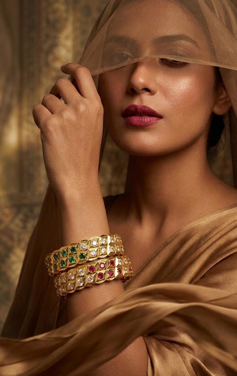 Gold Plated Green Pink White Stone Bangle